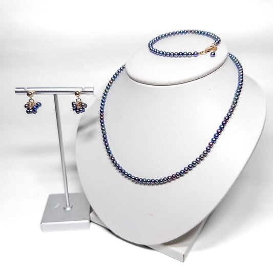 Set de collar, pulsera y aretes en perla mini akoya negra